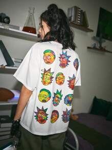 Rick and Morty | ROMWE 字母和漫畫人物圖形下垂肩t恤 - 白色 - 查看 1