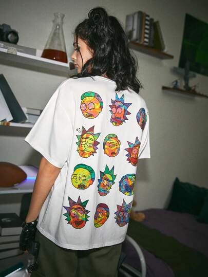 Rick and Morty | ROMWE تي شيرت الكتف المنخفض الرسوم الأبجدية والشخصيات الكرتونية