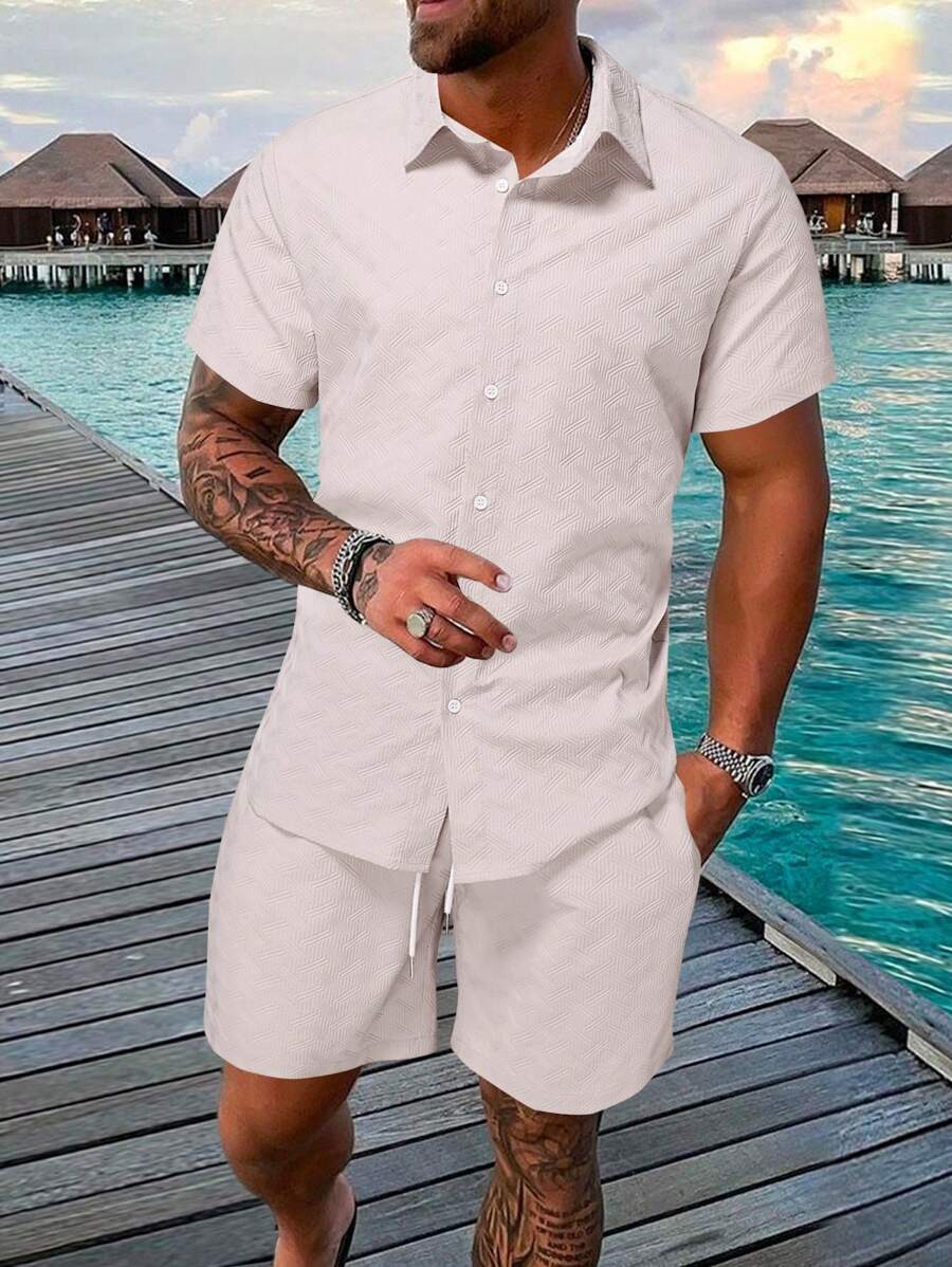 Manfinity Homme Men Solid Button Up Shirt & Drawstring Waist Shorts Without Tee - Khaki - View 1