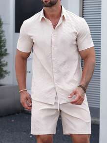 Manfinity Homme Men Solid Button Up Shirt & Drawstring Waist Shorts Without Tee - Khaki - View 3