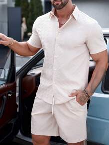 Manfinity Homme Men Solid Button Up Shirt & Drawstring Waist Shorts Without Tee - Khaki - View 5