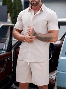 Manfinity Homme Men Solid Button Up Shirt & Drawstring Waist Shorts Without Tee - Khaki - View 6
