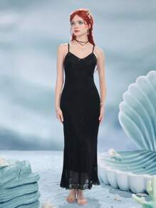 ROMWE Fairycore Shell Patched Lace Trim Cami Dress - Black - View 1