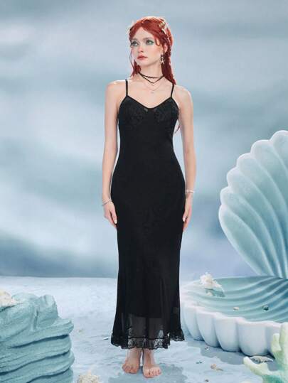 Fairycore Robe À Fines Brides Coquille Patch Ourlet En Dentelle