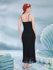 ROMWE Fairycore Shell Patched Lace Trim Cami Dress - Black - View 2