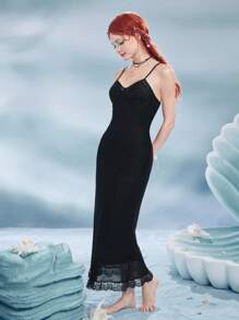 ROMWE Fairycore Shell Patched Lace Trim Cami Dress - Black - View 3