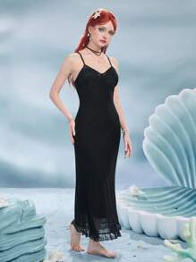 ROMWE Fairycore Shell Patched Lace Trim Cami Dress - Black - View 4