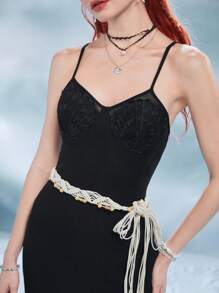 ROMWE Fairycore Shell Patched Lace Trim Cami Dress - Black - View 5