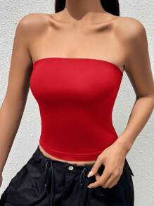 Sweetina Summer Solid Bright Red Slim Fit Tube Top