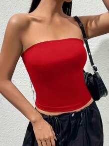 Sweetina Summer Solid Bright Red Slim Fit Tube Top