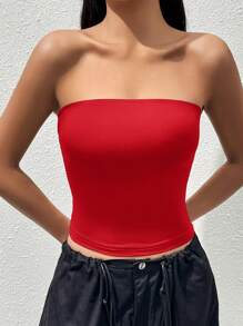 Sweetina Summer Solid Bright Red Slim Fit Tube Top
