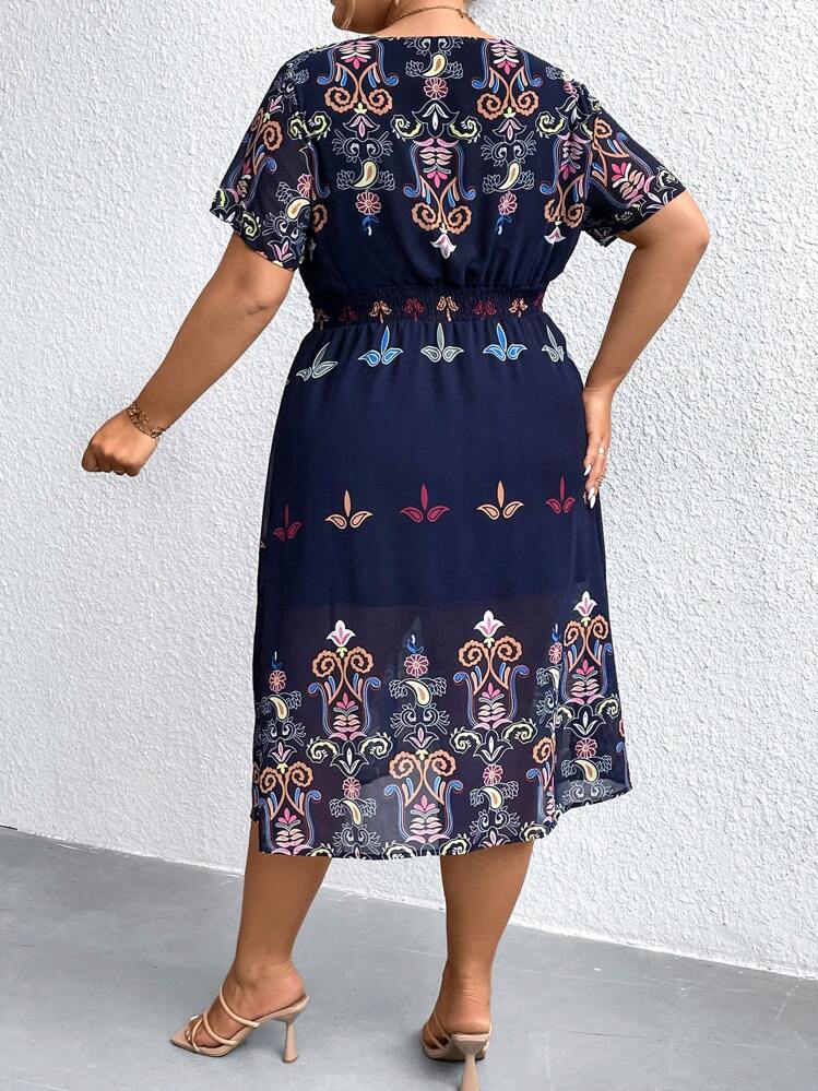 SHEIN Unity Talla grande Vestido con estampado floral de cuello V - Multicolor - Ver 3