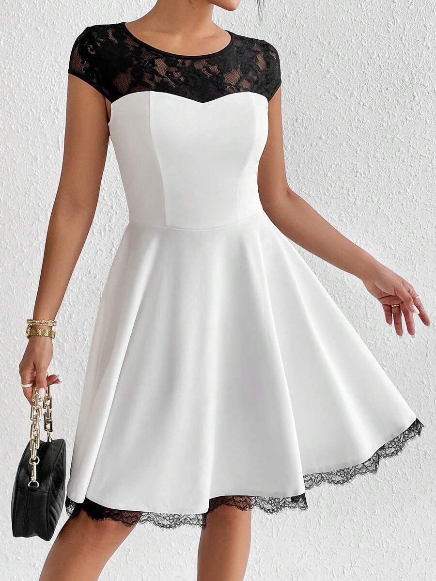 SHEIN Privé Bảng Lace tương phản Váy chữ A - trắng - Xem 1