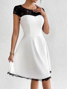 SHEIN Privé Bảng Lace tương phản Váy chữ A - trắng - Xem 4