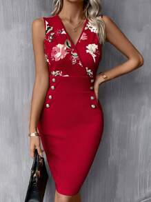 SHEIN Clasi Floral Print Button Detail Bodycon Dress - Red - View 2