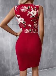 SHEIN Clasi Floral Print Button Detail Bodycon Dress - Red - View 3