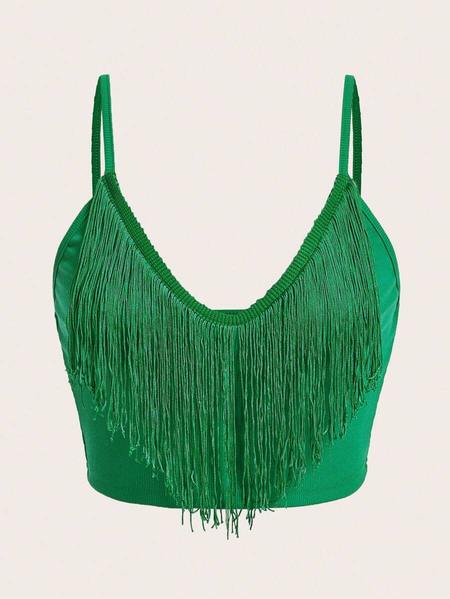 SHEIN ICON Fringe Trim Cami Top - Green - View 1