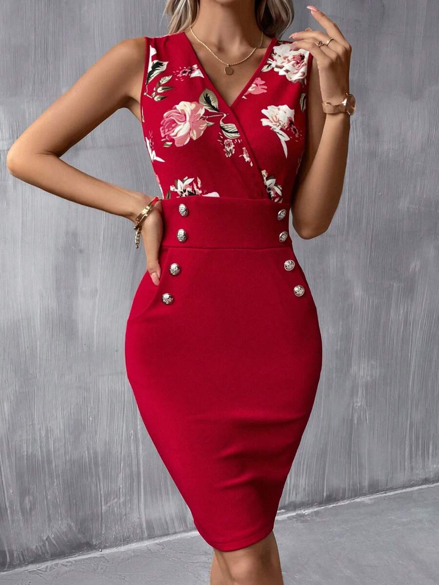 SHEIN Clasi Floral Print Button Detail Bodycon Dress - Red - View 1