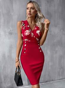 SHEIN Clasi Floral Print Button Detail Bodycon Dress - Red - View 5
