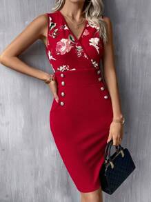 SHEIN Clasi Floral Print Button Detail Bodycon Dress - Red - View 6