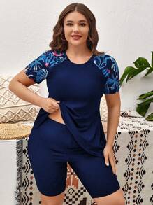 Swim Lushoire Conjunto de camiseta de manga corta con estampado tropical y shorts para playa y tallas grandes