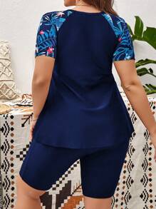 Swim Lushoire Conjunto de camiseta de manga corta con estampado tropical y shorts para playa y tallas grandes