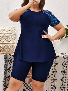 Swim Lushoire Conjunto de camiseta de manga corta con estampado tropical y shorts para playa y tallas grandes