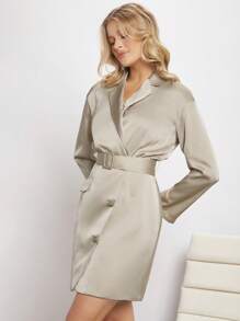 BizChic Lapel Neck Belted Shirt Dress - Khaki - View 4