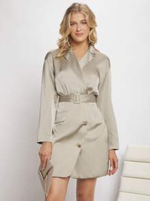 BizChic Lapel Neck Belted Shirt Dress - Khaki - View 7