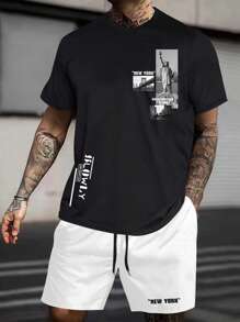 Manfinity Hypemode Men Plus Building & Letter Graphic Tee & Drawstring Waist Shorts - Black and White - View 1
