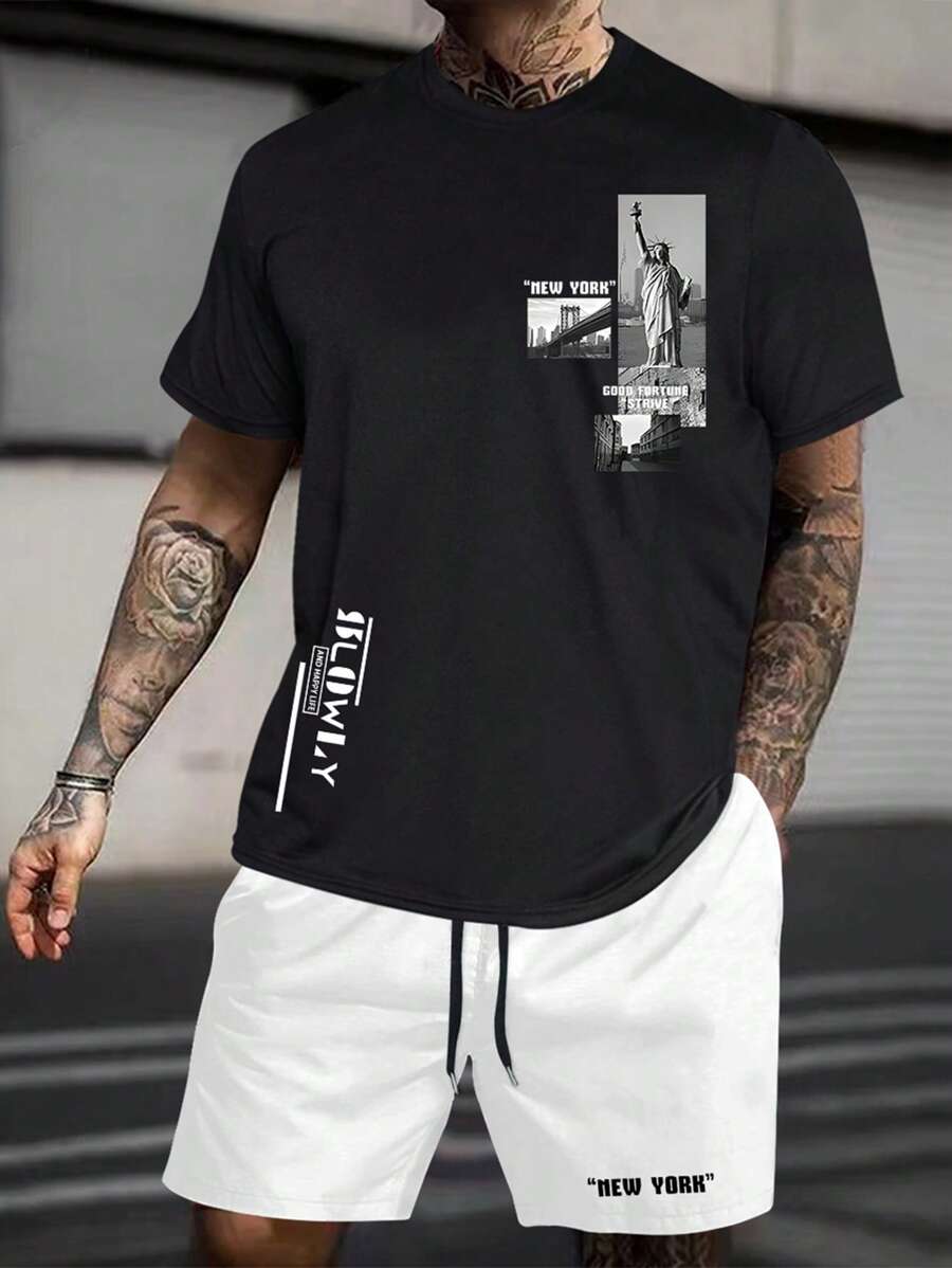 Manfinity Hypemode Men Plus Building & Letter Graphic Tee & Drawstring Waist Shorts - Black and White - View 1