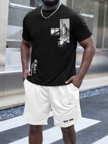 Manfinity Hypemode Men Plus Building & Letter Graphic Tee & Drawstring Waist Shorts - Black and White - View 3