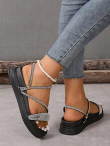 Của phụ nữ Nêm Nền tảng Dép xăng đan Pha lê Đồ trang trí Nền tảng Bền chặt Dép xăng đan - màu đen - Xem 2