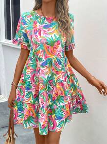 SHEIN LUNE Allover Print Ruffle Hem Smock Dress