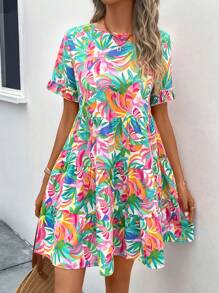 SHEIN LUNE Allover Print Ruffle Hem Smock Dress