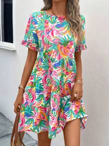 SHEIN LUNE Allover Print Ruffle Hem Smock Dress