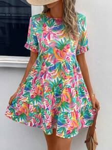 SHEIN LUNE Allover Print Ruffle Hem Smock Dress