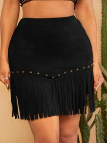 SHEIN SXY Chi tiết đáng kinh ngạc Fringe Hem Váy - màu đen - Xem 1