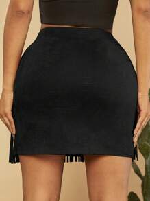 SHEIN SXY Chi tiết đáng kinh ngạc Fringe Hem Váy - màu đen - Xem 2