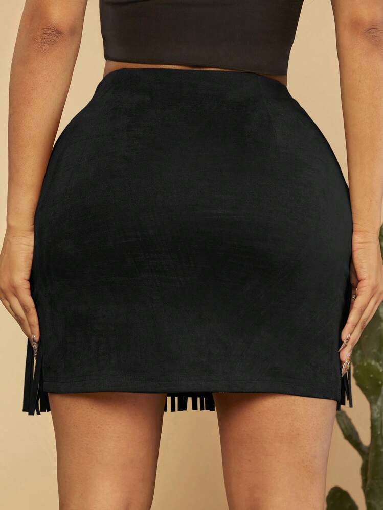 SHEIN SXY Chi tiết đáng kinh ngạc Fringe Hem Váy - màu đen - Xem 2