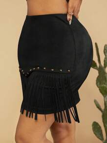 SHEIN SXY Chi tiết đáng kinh ngạc Fringe Hem Váy - màu đen - Xem 4