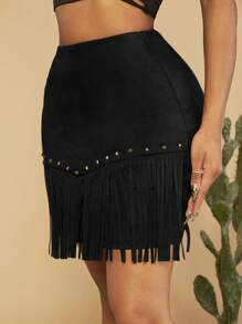SHEIN SXY Chi tiết đáng kinh ngạc Fringe Hem Váy - màu đen - Xem 6