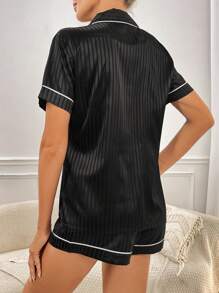 Contrast Piping Button Front Satin PJ Set / Pajama Set - Black - View 2