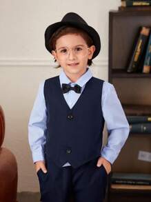 SHEIN 男小童前蝴蝶結襯衫&西裝背心&西裝褲 - 藍色 - 查看 4