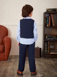 SHEIN 男小童前蝴蝶結襯衫&西裝背心&西裝褲 - 藍色 - 查看 2