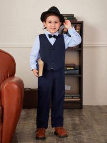 SHEIN 男小童前蝴蝶結襯衫&西裝背心&西裝褲 - 藍色 - 查看 3