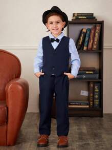 SHEIN 男小童前蝴蝶結襯衫&西裝背心&西裝褲 - 藍色 - 查看 1