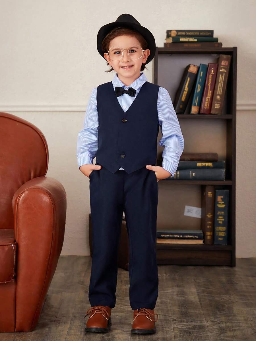 SHEIN 男小童前蝴蝶結襯衫&西裝背心&西裝褲 - 藍色 - 查看 1