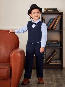 SHEIN 男小童前蝴蝶結襯衫&西裝背心&西裝褲 - 藍色 - 查看 6