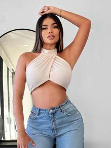 SHEIN SXY Solid Halter Neck Crop Knit Top - Apricot - View 1